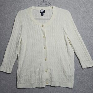 LANDS' END Cardigan Womens L 14-16 Cotton Preppy Cable Knit Button Up Off White
